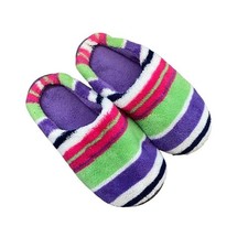 Girls 13-1 Purple Green Pink Navy Blue White Stripe Slip On Slippers Hard Sole