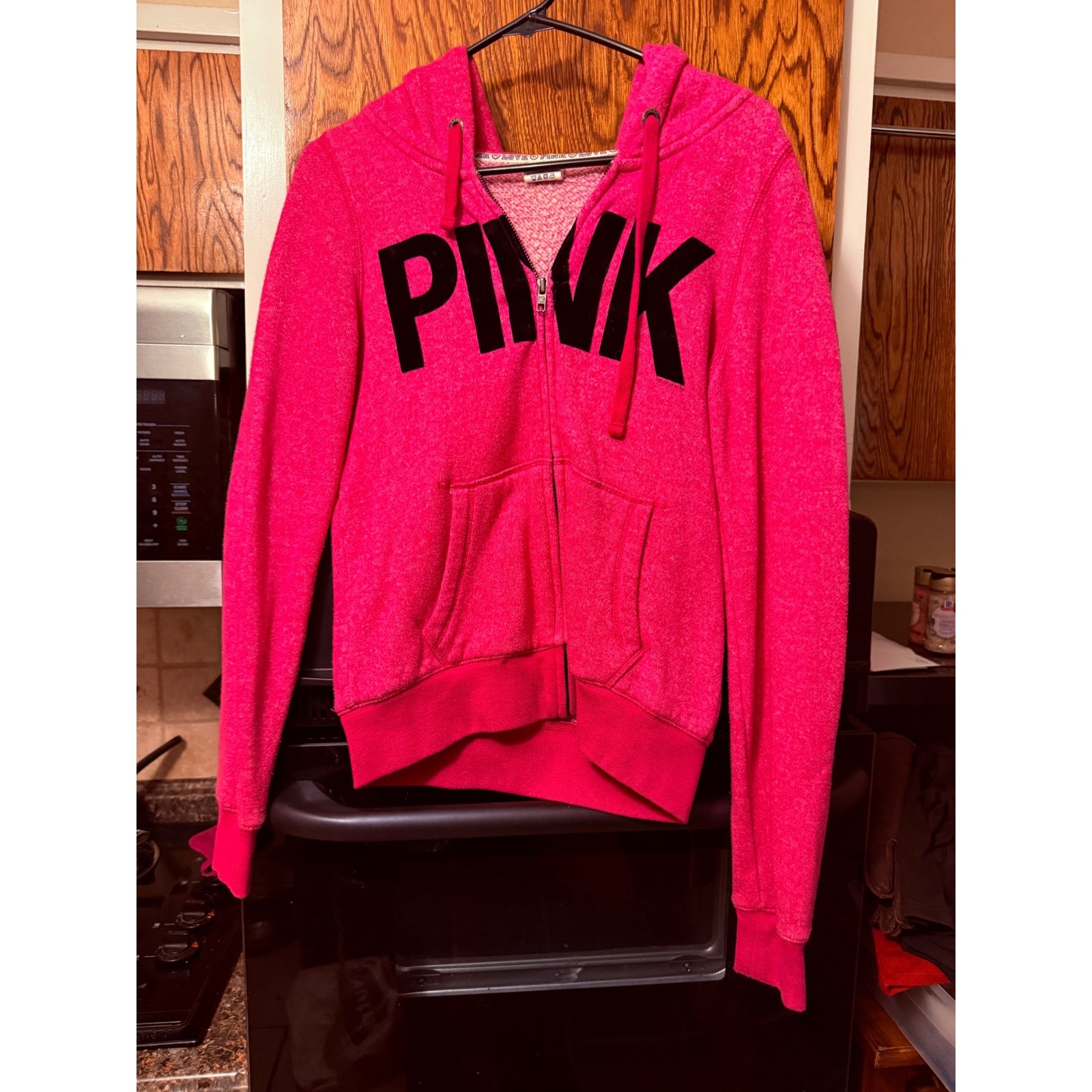 PINK Victoria's Secret Hoodie Zip Up Bright Pink Black Logo Size S