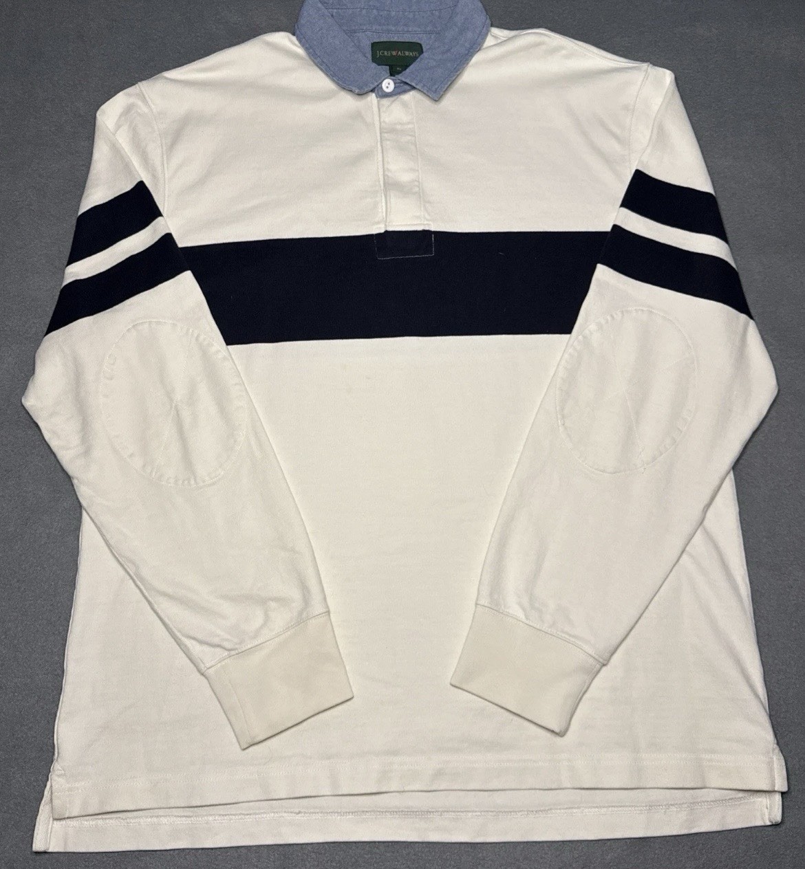 VTG J.Crew Oarsman Rugby Shirt Men’s XL Padded Elbow White Blue Striped Preppy