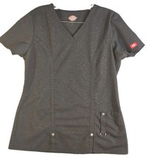 Dickies Women's Black Marled Scrub Top Small V Neck Stretch Uniform
