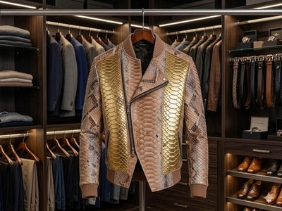 Men's Embossed Python Snakeskin Leather Bomber Jacket Exotic Luxury Outerwear
