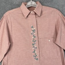 VTG L.L. Bean Shirt Womens Medium Salmon Floral Embroidered USA Made Cotton