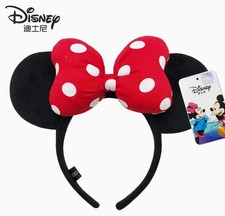 Disney Parks Black Minnie Mouse Satin Polka Dot Red Bow Ears Headband US