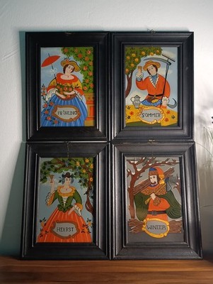 Antique German Reverse Glass Painting Set of 4 Four Seasons Folk Art Framed