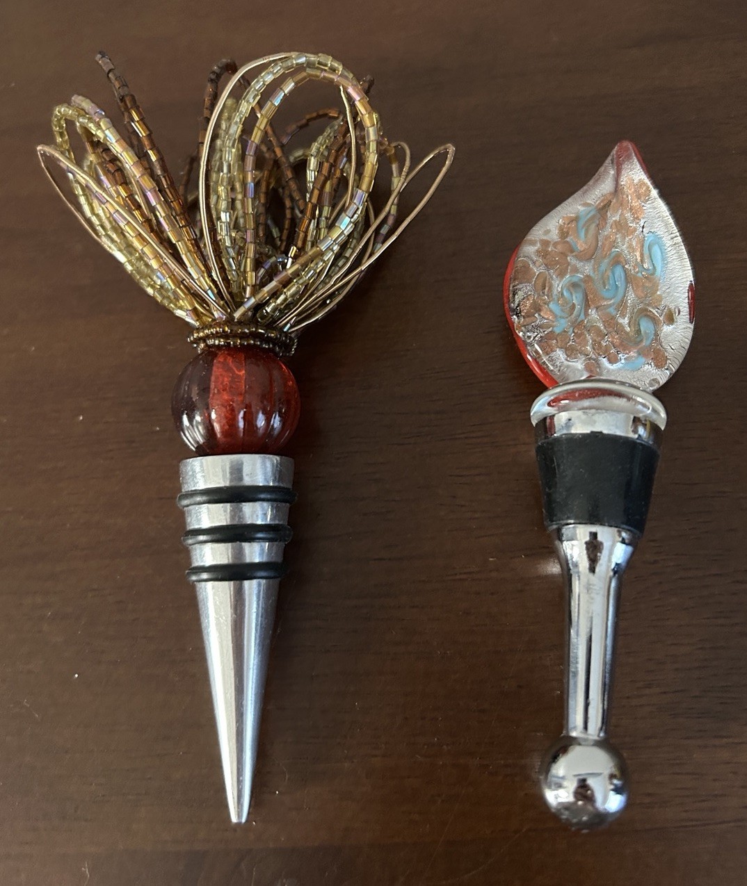 Murano Style Sparkling Rose Gold And Sparkly Beads Red Gold Wine Topper Lot Of 2