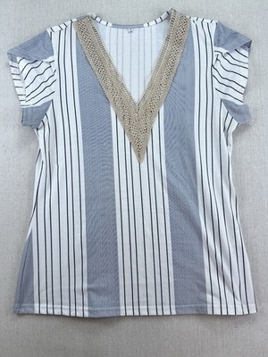 Woman s Blue And White Striped  Embroidered V-Neck Classy Timeless Shirt Size S