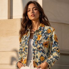 Chico's Multi-Color Ikat Linen Blend Button Down Denim Style Jacket Size 2