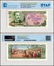 Costa Rica 5 Colones, 1991, P-236e.2, UNC, Authenticated