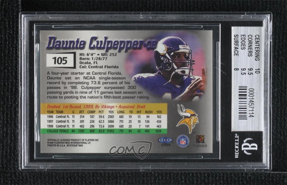1999 Fleer Mystique Rookie /2999 Daunte Culpepper #105 BGS 9 MINT Rookie RC - Image 2 of 2
