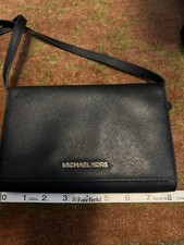 Michael Kors Black Crossbody Wallet Clutch, Snap/Zip, Inner Pockets, Gold Logo