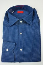 Isaia Navy Sky Blue Polkadot Long Sleeve Cotton Dress Shirt Sz 15.5/39 NEW