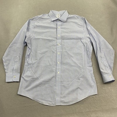 Brooks Brothers Shirt Men 17.5 35 Blue Plaid Button Up Long Sleeve Regent Casual