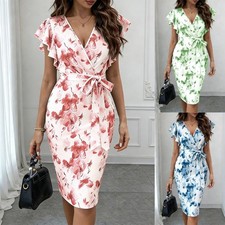 UK Women's Summer Ruffles Sleeve Floral Holiday V-Neck Belt Bodycon Party Dress