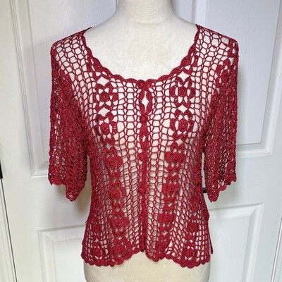 Vintage Deep Red Crocheted Openwork Short Sleeve Cardigan Size Small