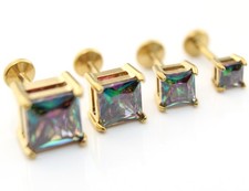 Princess Cut Rainbow Gold PVD Flat Back Stud Earrings Threadless Cartilage Rings