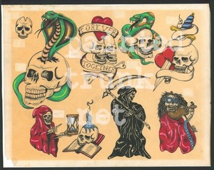 vintage 1970s original black skull reaper snake biker tattoo flash houston tx
