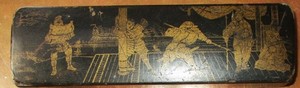 ANTIQUE JAPANESE SCHOLAR'S BOX HAND PAINTED GOLD SAMURAI DECORATIONS GUARD SWORD