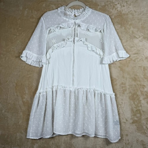 POL White Swiss Dot Lace Ruffle Mini Dress HWD28 Womens Small Boho Cottagecore
