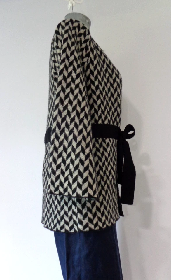 Heather B 100% Wool Sweater Jacket Velvet Tie Waist Diamond Black Gray Size M - Image 3 of 4