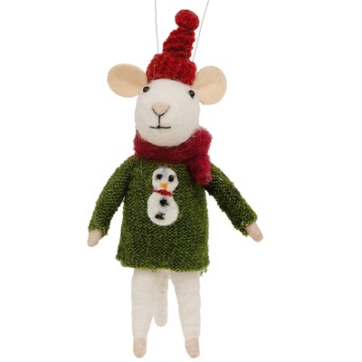 White Mouse Ornament - Wool Mouse in Green Snowman Sweater Christmas Ornament