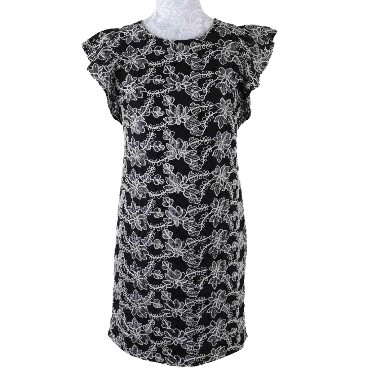 Ann Taylor Black and White Floral Lace Flutter Sleeve Dress Size 2