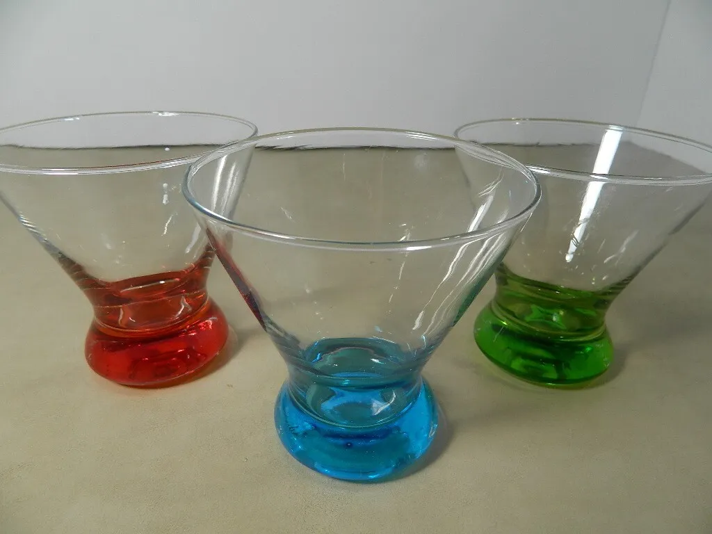 3 Stemless Cocktail Glasses with Colorful Bottoms 12oz Red, Blue & Green