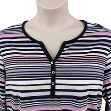 Croft & Barrow Womens Knit Top Shirt Black White Pink Strip Size XXL V-Neck 3/4 