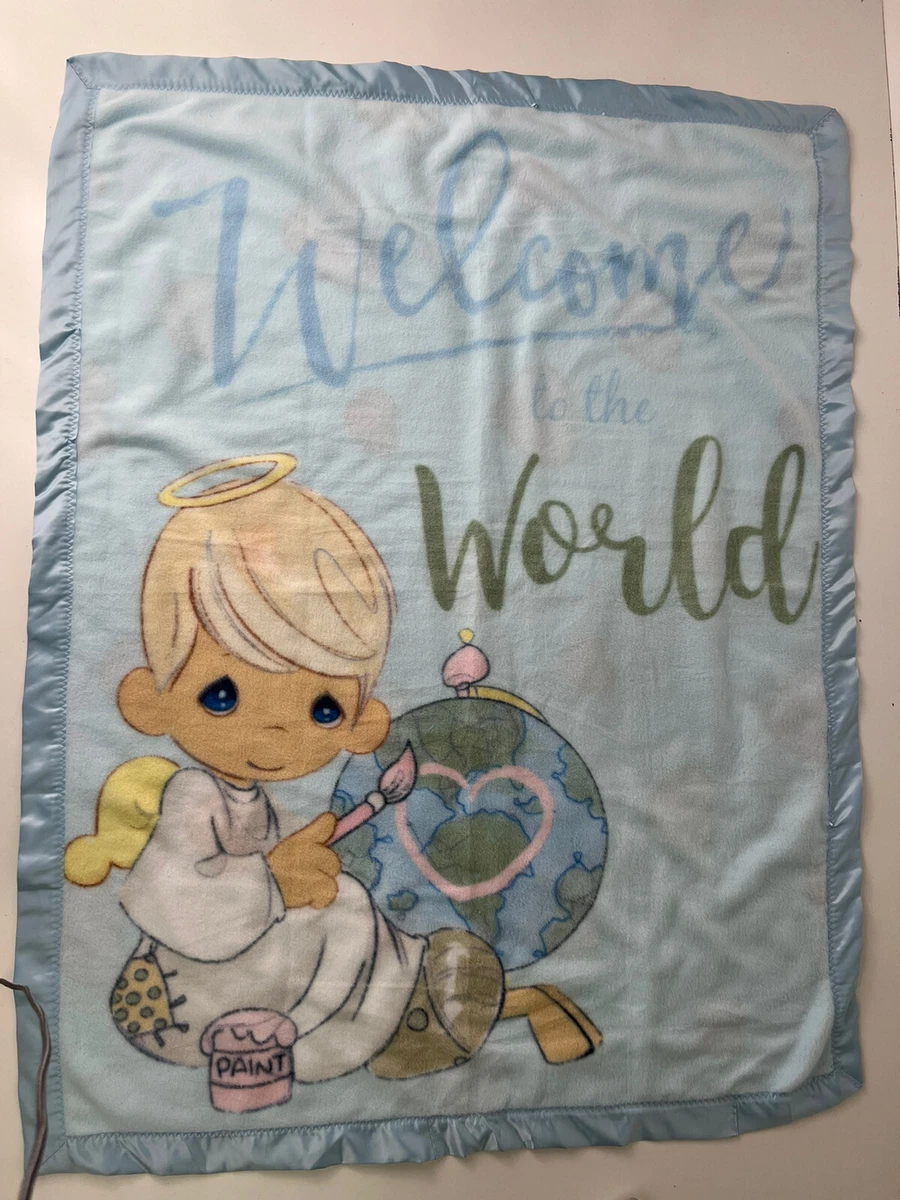 Vintage PRECIOUS MOMENTS Plush Baby Blanket Velvety Soft Satin Trim Light Blue