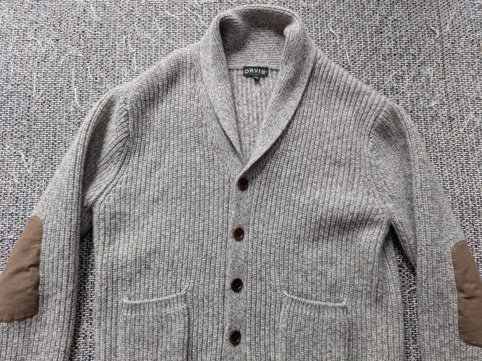 vintage ORVIS chunky knit WOOL cardigan sweater L tan/gray SHAWL leather patch - Image 4 of 4