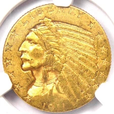 1911-D Indian Gold Half Eagle $5 Gold Coin - Certified NGC AU58 - $5,700 Value