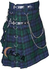 New Modern Black Watch 16Oz Acrylic Wool Tartan Stud Kilt With Removable Chai
