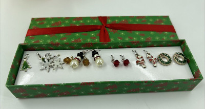Holiday Dangle Earring Set 7 Pairs Christmas Trees Snowman Cany Canes Wreaths