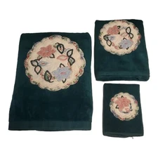 3pc Vintage Bath Towel Set Dark Green Floral Patchwork Hand Towel Washcloth USA