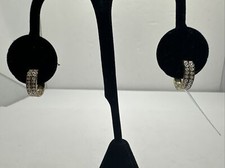 Sterling silver gold Vermeil double row CZ Hoop Earrings NWT 1/2"