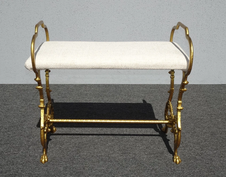 Banco de hierro fundido dorado vintage victoriano Hollywood Regency nuevo tela de lino blanco Foto 2 de 4