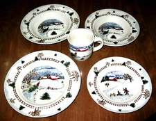Folkcraft Stoneware "Winter Side" 5 Piece Place Setting 2-Plates 2-Bowls 1-Cup