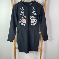 Prettylittlething Sheath Dress Womens 10 Black Floral Embroidered Long Sleeve