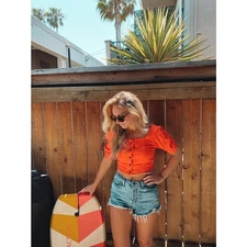 LOVE WHIT BY WHITNEY PORT Red Puff Sleeve Square Neckline Front Button Crop L 