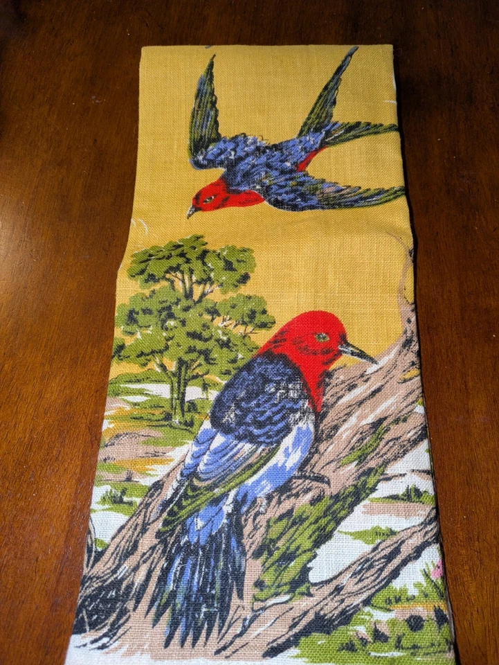 NUEVO Toalla de té de lino con estampado campestre francés MCM vintage pájaros amarillo dorado  Foto 2 de 4