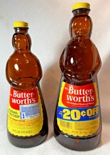 2 Vintage Mrs. Butterworth’s Syrup - 36oz and 24 oz Amber Glass Bottles