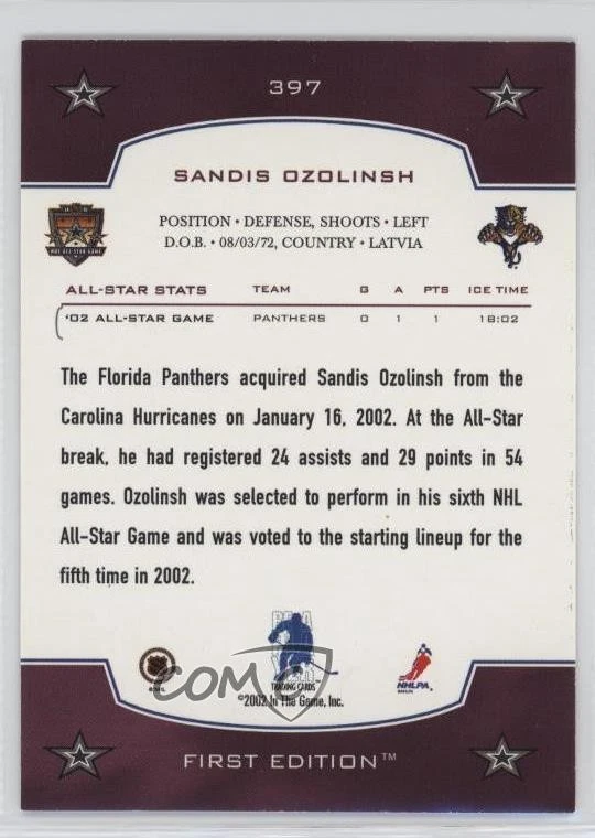 2002 ITG Be A Player First Edition All-Star Starting Lineup Sandis Ozolinsh #397 - Image 2 of 2