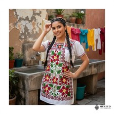 Mexican Embroidered Bib Apron for Women Multicolor with Floral Design