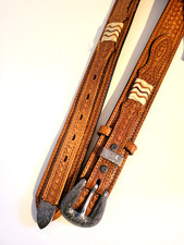 Tony Lama Tooled Leather Western Belt Silver Buckle Brown Size 38 VTG