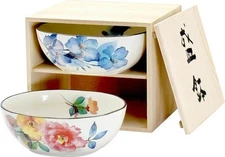 Japanese Mino WarreServing Bowl Pair Set 'Peony Pansy' Wooden Box [Holiday Gift]