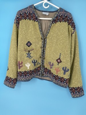 Vtg 1990s Monterey Bay Green Cactus Embroidered Button Up Barn Jacket Sz L