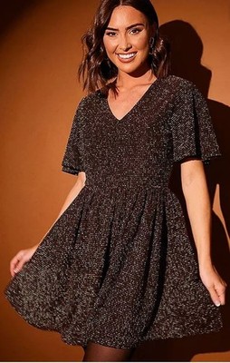 In The Style x Stacey Solomon Foil Print Skater Kleid Schwarz V-Ausschnitt UK 10