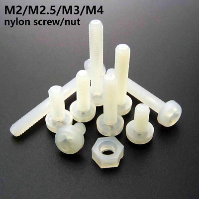 25/100x White Plastic Nylon M2 M2.5 M3 M4 Round Pan Phillips Head Screw Hex Nut