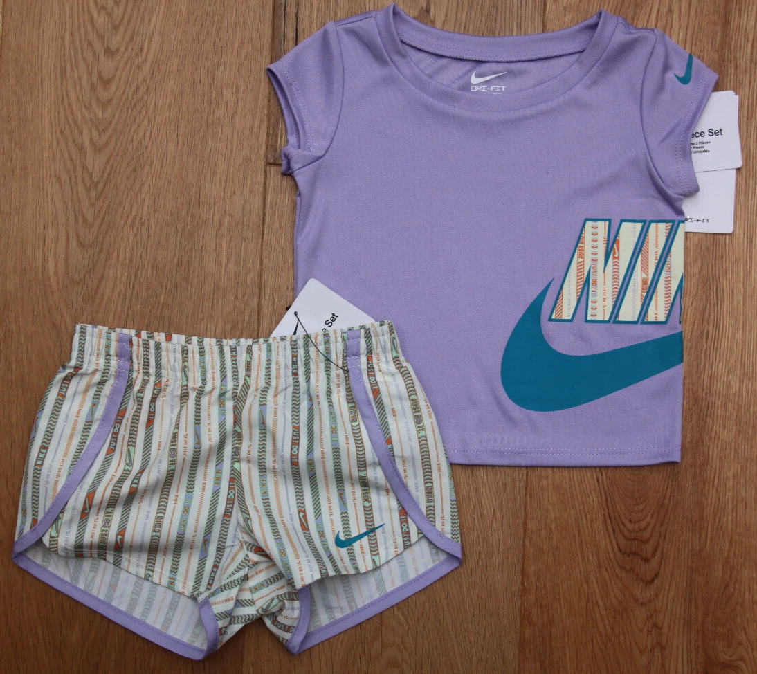 Nike Baby Girl Shirt & Shorts Set ~ Purple, Teal, Cream & Orange ~ DRI-FIT