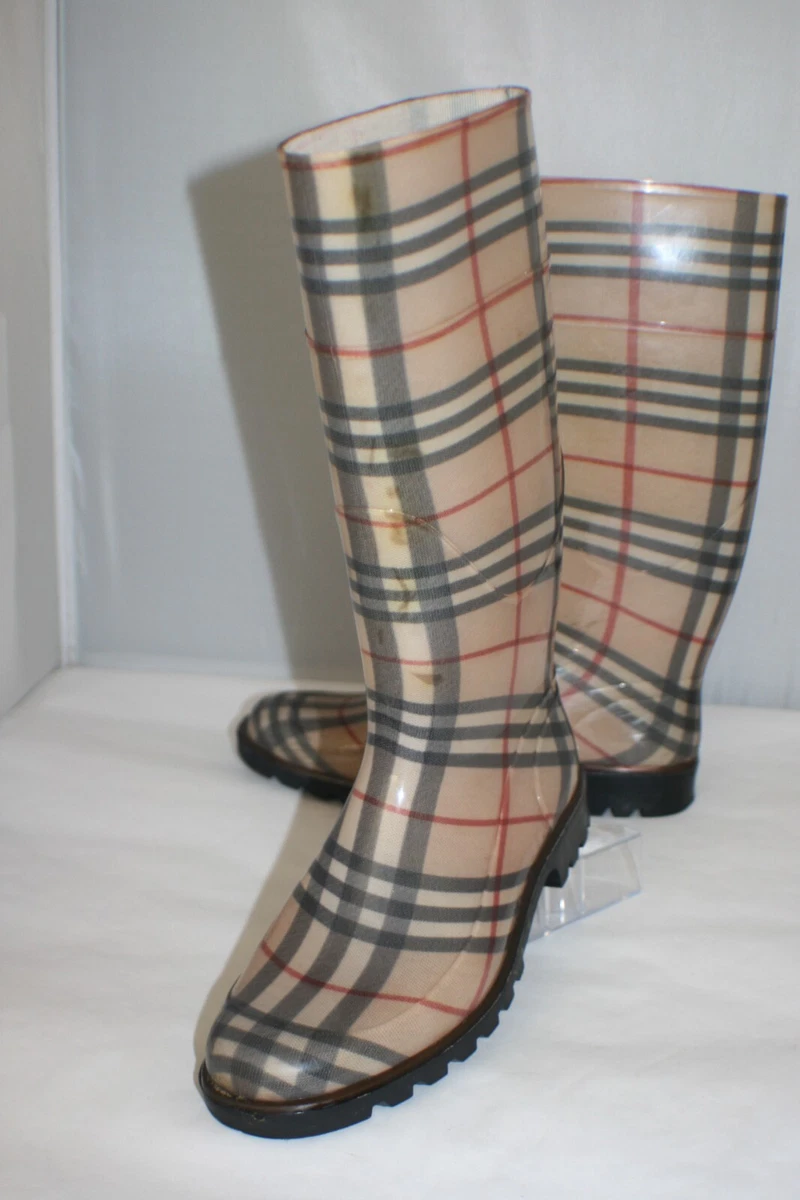 Burberry Tan Nova Check Mid Calf Rubber Slip On Rain Boots Sz 40