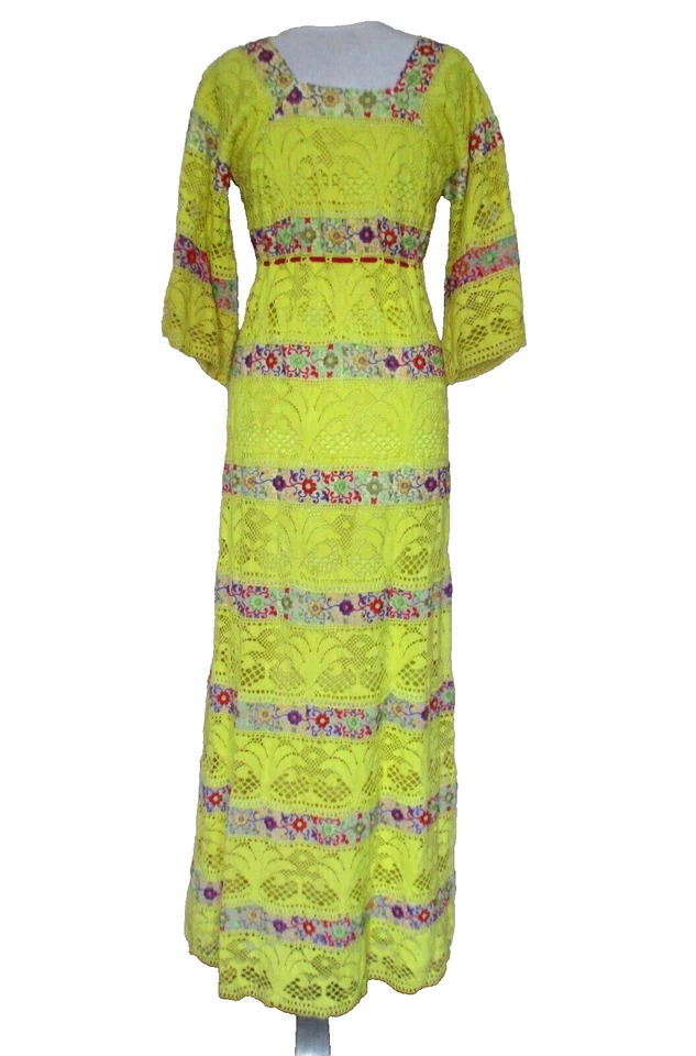 Maxi vestido de novia mexicano vintage años 70 amarillo crochet bordado inserciones boho Foto 4 de 4
